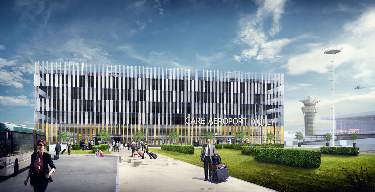 Perspective extérieure de la gare Aéroport d’Orly – visuel au stade des études actuelles