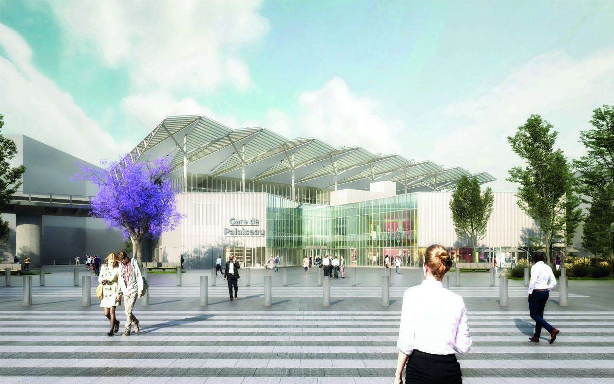 Perspective extérieure de la gare Palaiseau – visuel au stade des études actuelles