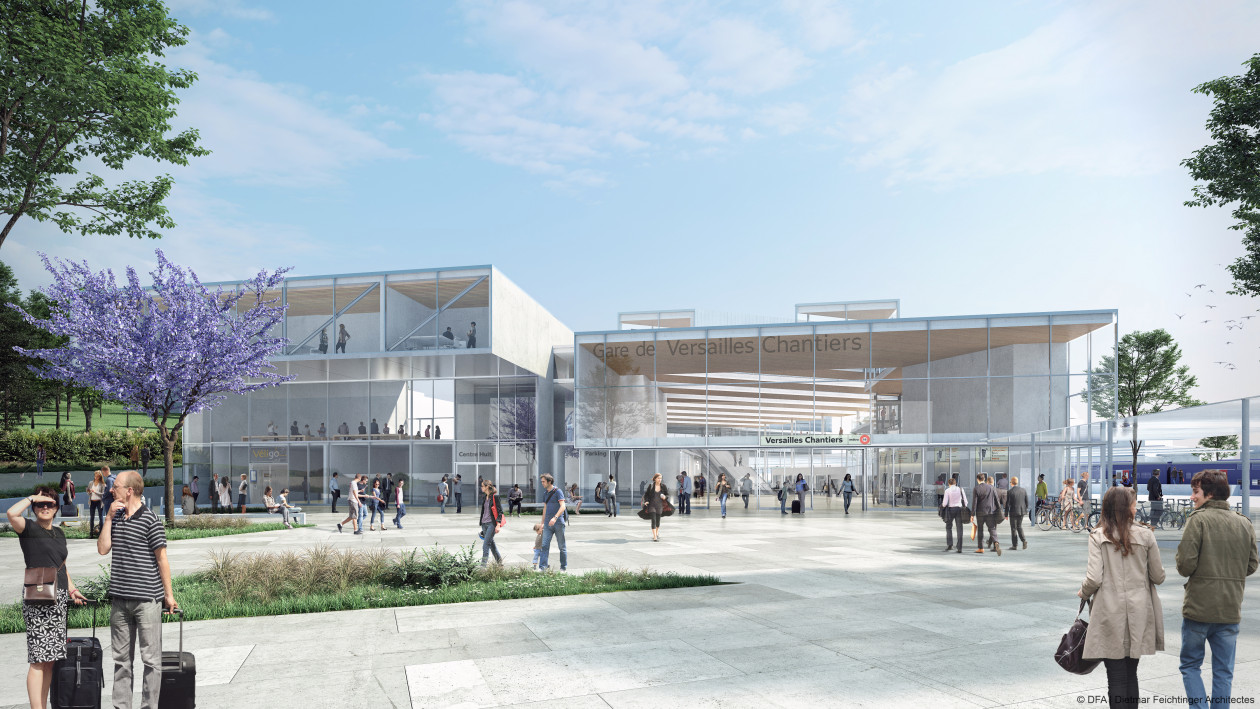 Perspective extérieure de la gare Versailles Chantiers – visuel au stade des études actuelles