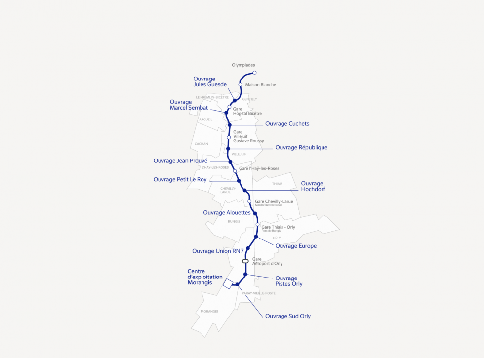 Carte des gares et ouvrages du prolongement de la ligne 14