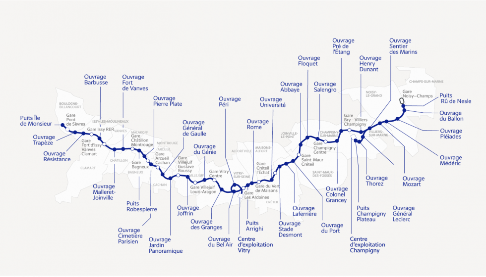 Carte des gares et ouvrages de la ligne 15 sud